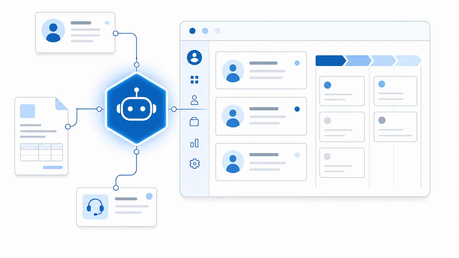 Illustration Djtal en bleu #185FA5 : un agent IA hexagonal greffé sur une interface CRM stylisée, relié à des fiches contacts, une facture et un ticket — symbolisant l'agent branché sur les outils existants.