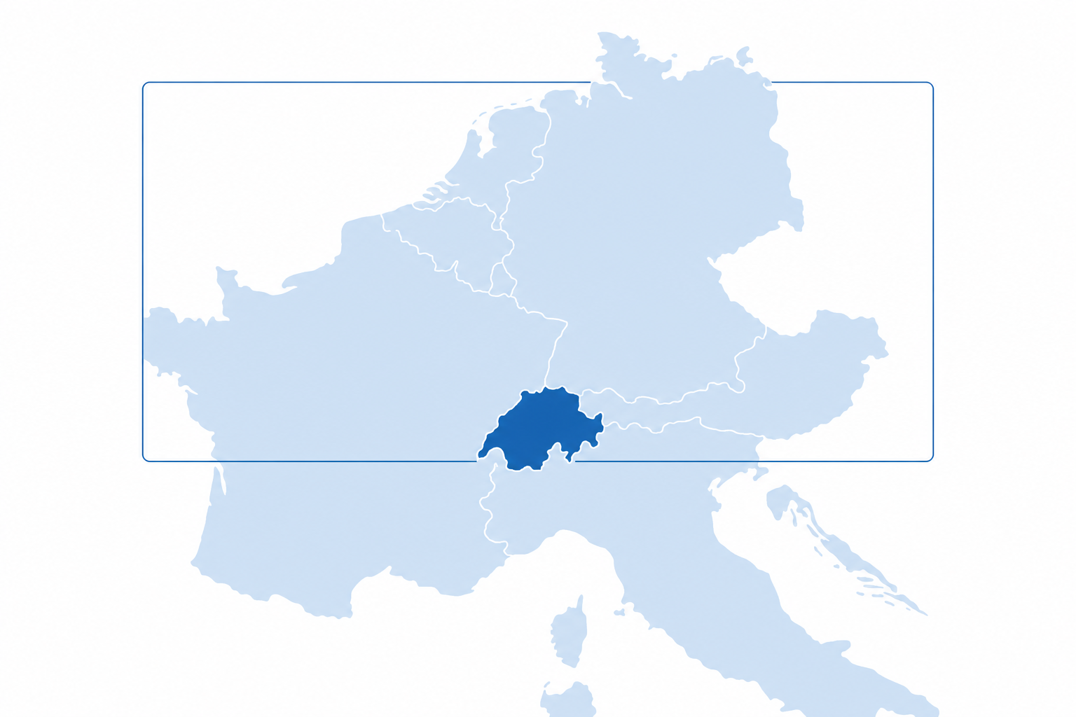 Carte stylisée de l'Europe occidentale aux tons bleus : un cadre fin et ouvert délimite la zone de l'Union européenne, et la Suisse, en bleu soutenu, se trouve à cheval sur le bord du cadre.