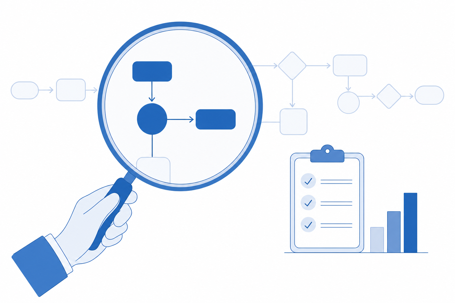 Illustration in Djtal blue (#185FA5): a magnifying glass over a process map, with three nodes highlighted in the lens, a checklist and a small chart, standing for the AI audit that prioritises the highest-value use cases.