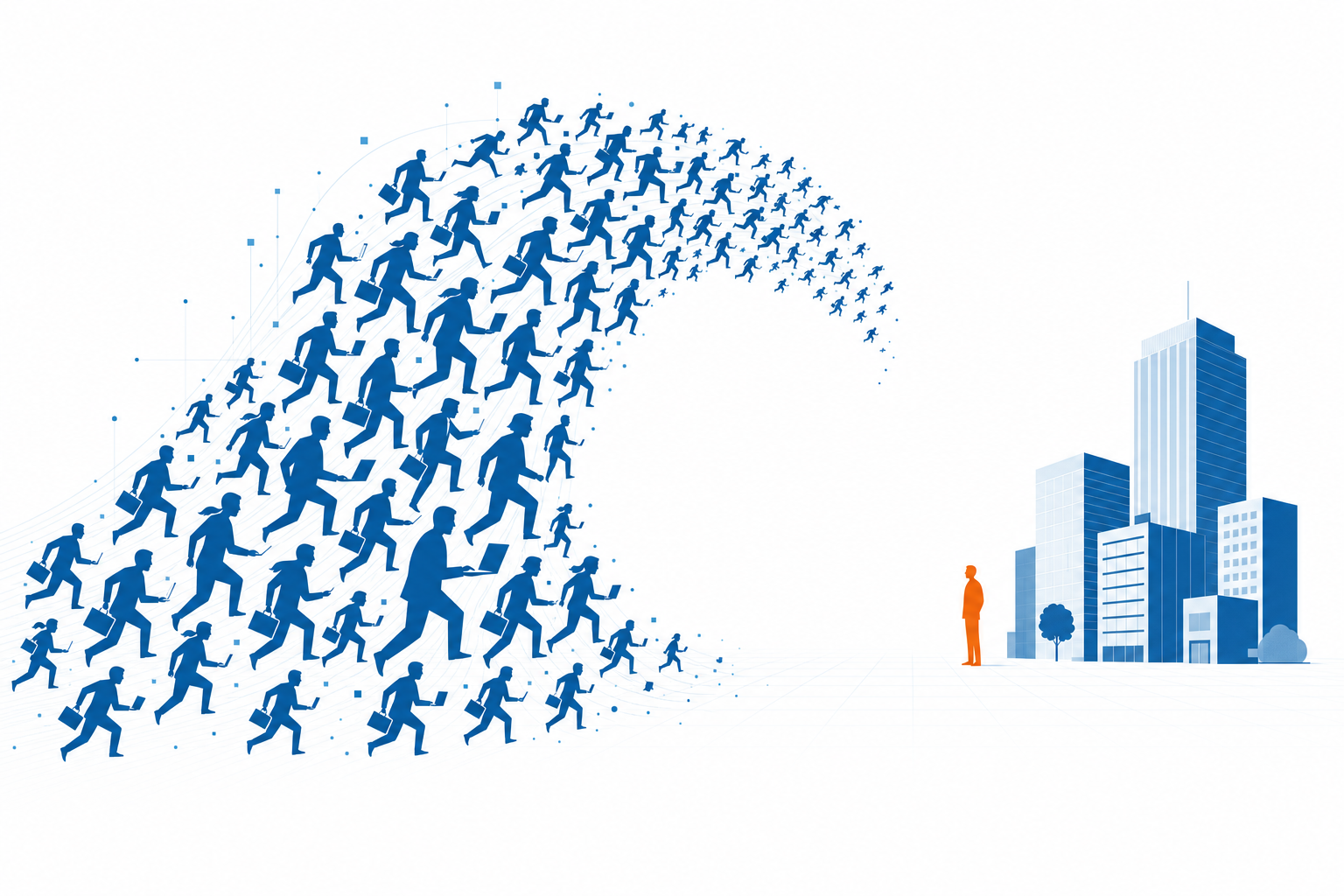 Illustration Djtal en bleu #185FA5 : une vague stylisée faite de silhouettes d'ingénieurs portant des mallettes, déferlant vers des bâtiments d'entreprise.