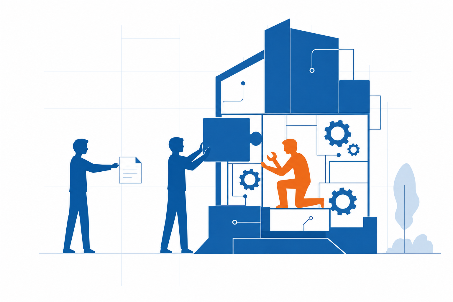 Illustration Djtal en bleu #185FA5 : trois silhouettes face à un système d'entreprise — l'une tend un document, l'autre pose une pièce de l'extérieur, la troisième travaille à l'intérieur même du système, outil en main.