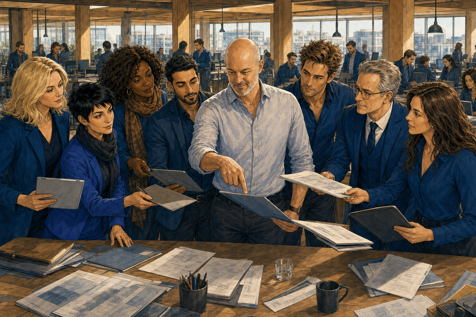 Illustration de roman graphique : dans un open-space contemporain, un entrepreneur au crâne rasé, au centre d'une grande table, désigne l'un des dossiers que ses sept agents IA, réunis en demi-cercle, lui tendent chacun, tous attendent sa décision.