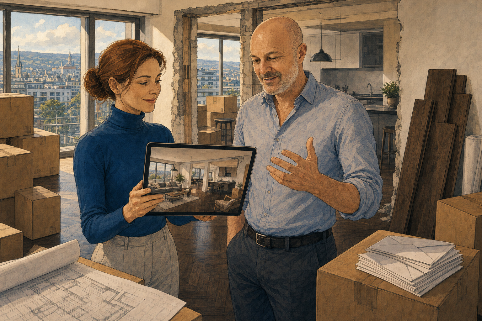 Illustration de roman graphique : dans un appartement en plein emménagement, entre des cartons, un plan d'architecte et des lames de parquet, l'entrepreneur au crâne rasé regarde, ravi, la tablette que lui tend son agente IA en col roulé bleu : le salon y apparaît avec un parquet foncé et le mur ouvert sur la cuisine ; sur un carton, une pile de lettres sous enveloppe, prêtes à poster.
