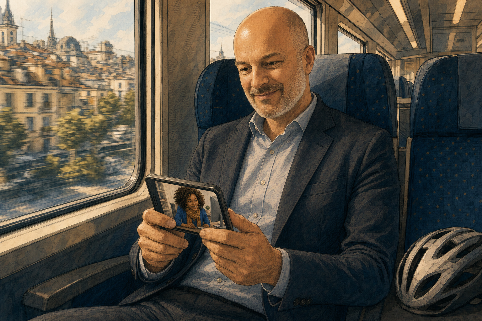 Illustration de roman graphique : dans un train suisse baigné de lumière matinale, l'entrepreneur au crâne rasé, un casque de vélo posé à côté de lui, sourit à son téléphone tenu à deux mains ; à l'écran, son agente IA aux cheveux bouclés, en veste bleue, travaille à un bureau ; par la fenêtre défile une ville suisse.