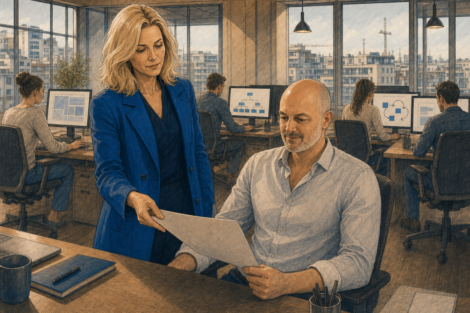 Illustration de roman graphique : dans un bureau open-space avec vue sur une ville suisse, une agente IA blonde en long manteau bleu présente un document de synthèse à l'entrepreneur au crâne rasé assis à son bureau ; derrière eux, des assistants travaillent chacun sur un écran montrant une facette d'un site web.