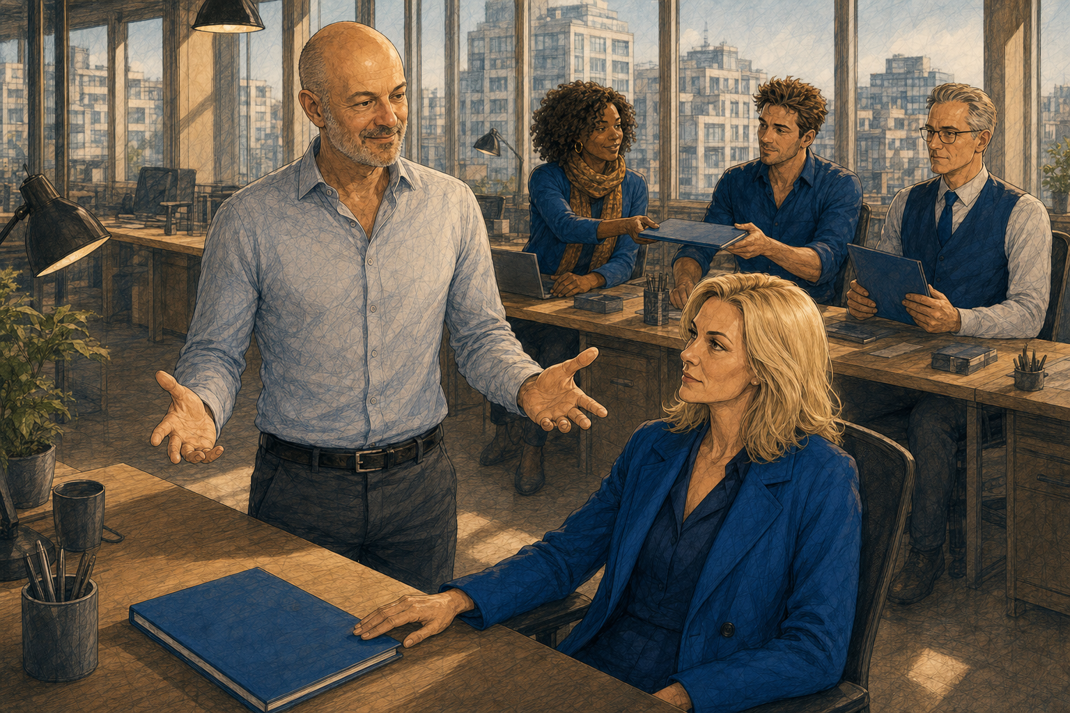 Illustration de roman graphique : dans un bureau open-space avec vue sur une ville suisse, l'entrepreneur au crâne rasé propose une idée en gesticulant à une agente IA blonde en long manteau bleu, assise et posée ; derrière eux, trois agents se transmettent un même dossier bleu de main en main.