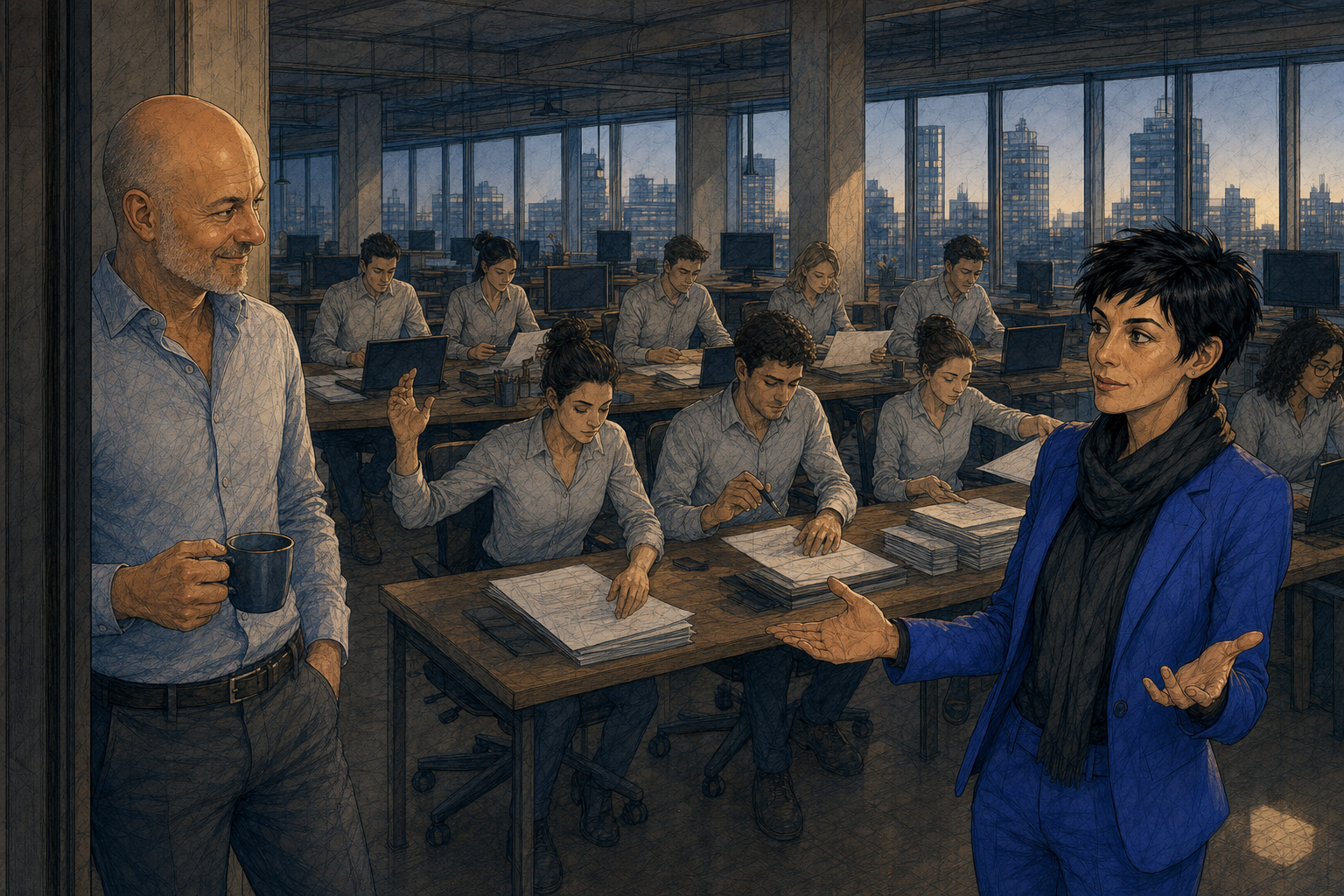Graphic-novel illustration: at dawn, in an open-plan office overlooking a Swiss city, a dozen agents in grey shirts sit frozen in front of dark screens and piles of paper; in the foreground, an AI agent with short black hair in an indigo outfit spreads her hands towards the shaven-headed entrepreneur, who smiles in the doorway with a cup of coffee in his hand.
