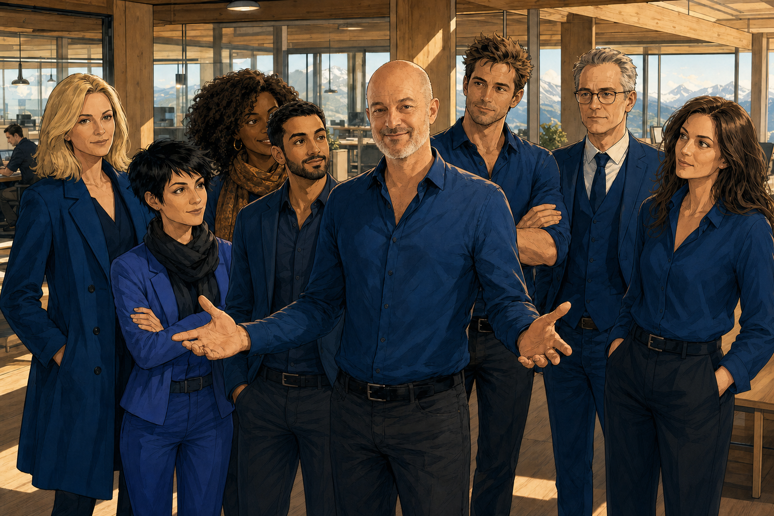 Illustration de style roman graphique : Laurent Cuénoud, crâne rasé et barbe poivre-et-sel, au centre d'un bureau open-space suisse lumineux, accueille d'un geste ses sept agents IA — quatre femmes et trois hommes en bleu Djtal — lors de leur premier jour.