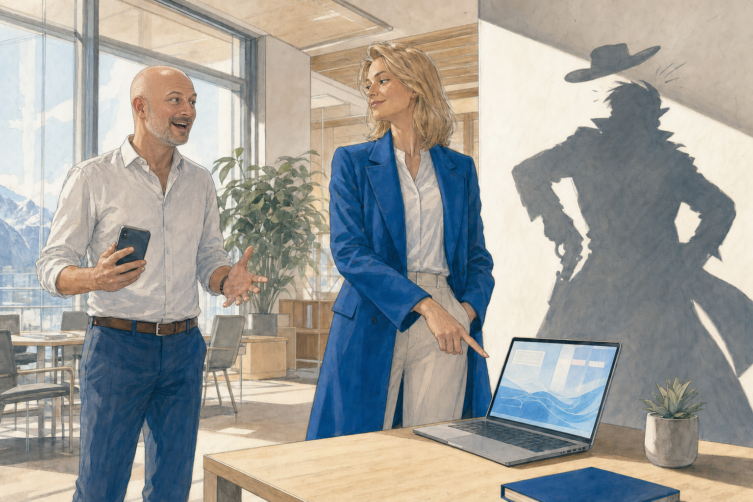 Illustration de style roman graphique, ambiance bureau de jour : dans un open-space suisse lumineux, Laurent Cuénoud — crâne rasé, barbe courte poivre-et-sel, chemise claire, smartphone à la main — se tourne, émerveillé, vers Sofia, son agente stratégie ; grande, cheveux blonds, long manteau bleu Djtal, elle désigne calmement un ordinateur portable dont l'écran affiche une page web épurée ; sur le mur derrière elle, son ombre projetée est un cow-boy pistolero pris de vitesse, encore en train de dégainer — clin d'œil : elle tire plus vite que son ombre.