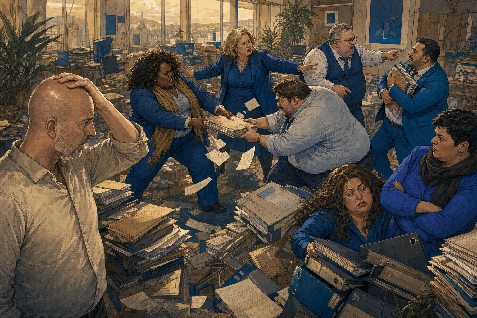 Illustration roman graphique : sept agents IA devenus corpulents se disputent des dossiers dans un bureau envahi de classeurs, sous le regard consterné de Laurent.