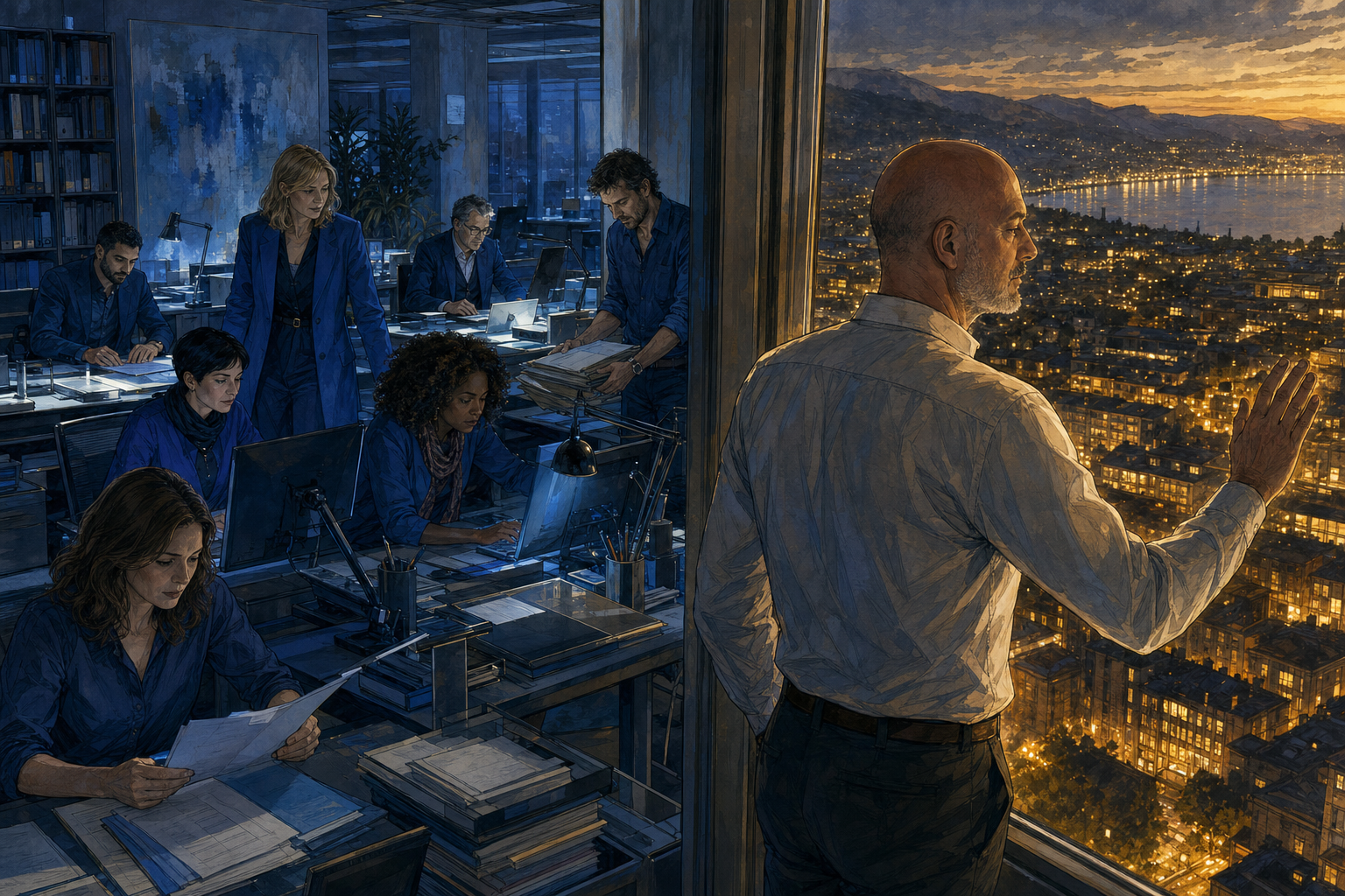 Illustration roman graphique : sept agents IA travaillent concentrés dans la lumière bleutée d'un open-space nocturne, tandis que Laurent, seul à la baie vitrée, regarde les lumières chaudes de la ville en contrebas.