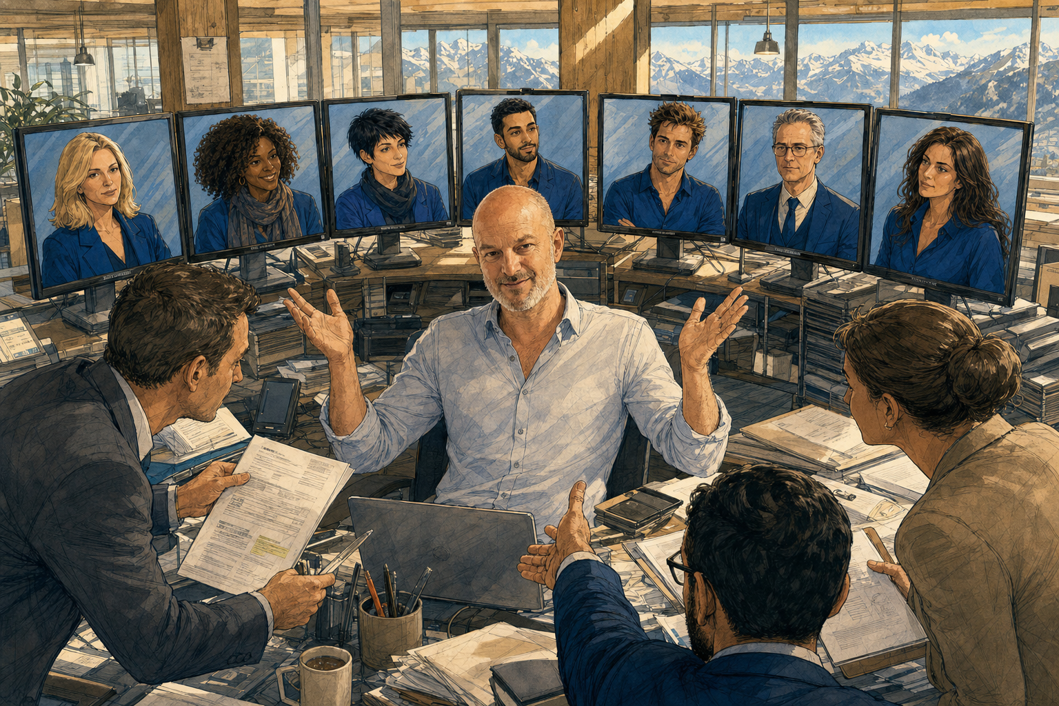 Illustration de roman graphique : un dirigeant au crâne rasé, débordé, lève les deux mains derrière un bureau encombré, cerné par sept écrans montrant ses sept agents IA en bleu et par trois personnes qui le sollicitent en même temps, dans un open-space suisse baigné de lumière du jour.
