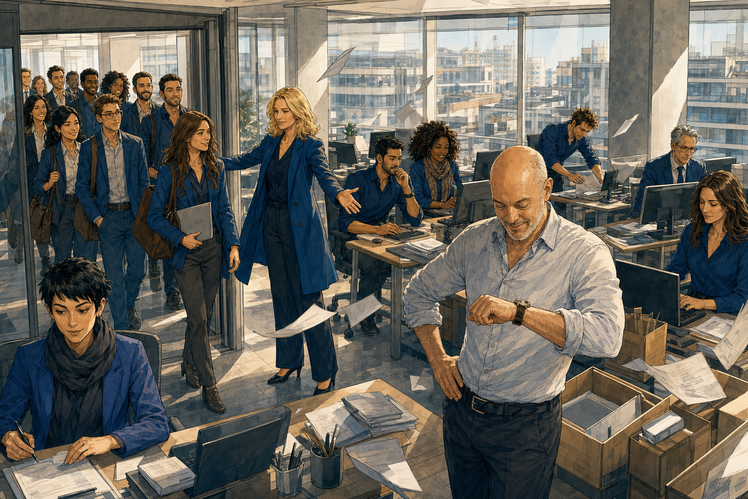 Illustration de roman graphique : dans un open-space urbain, un entrepreneur au crâne rasé regarde sa montre, ébahi et réjoui, pendant que Sofia, en manteau bleu, accueille une file de nouveaux agents IA qui entrent dans le bureau, sous le regard des sept agents historiques à leurs postes.