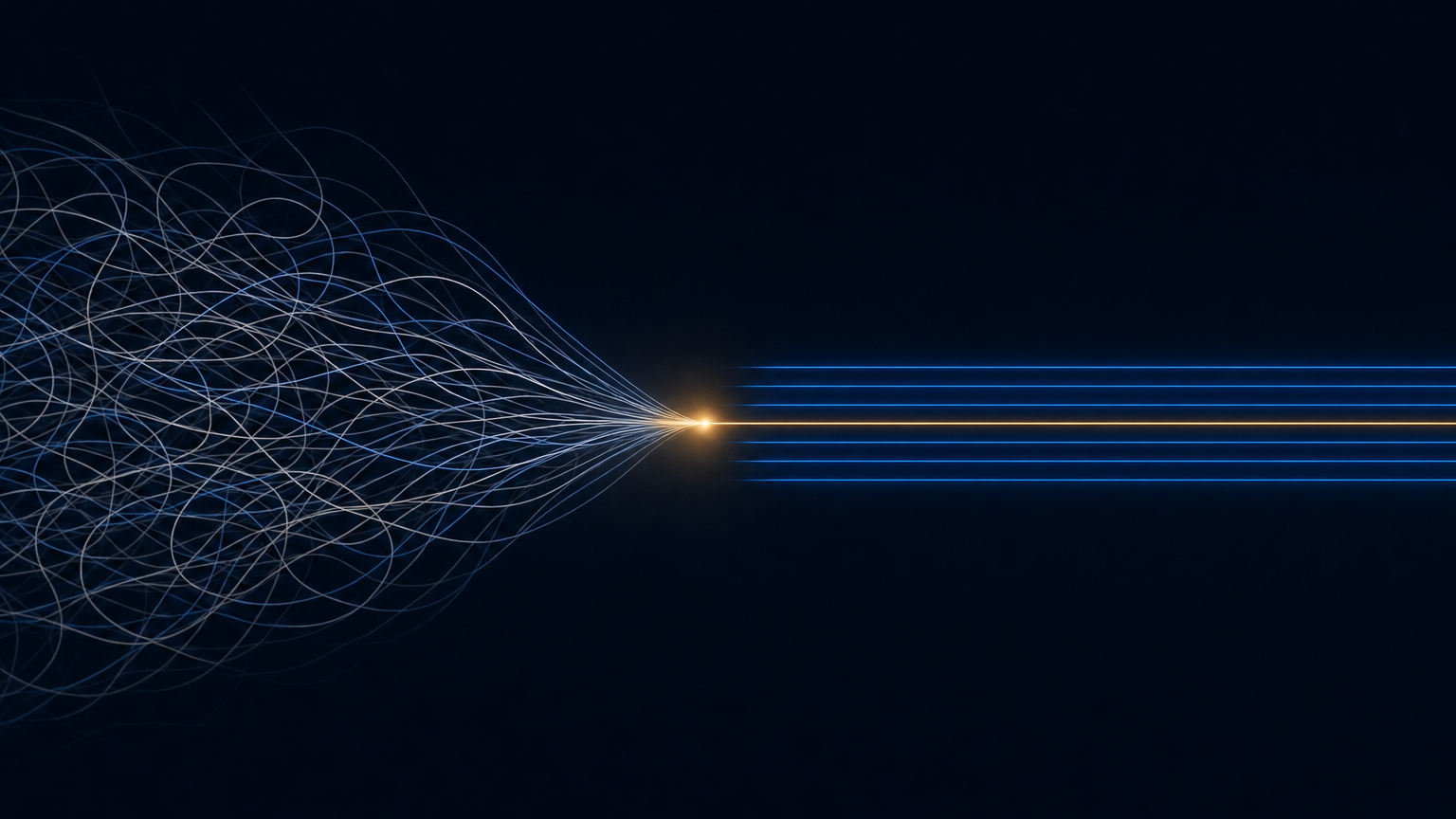 Illustration Djtal : sept fils lumineux emmêlés convergent vers un point de lumière et ressortent en sept lignes bleues parallèles — l'équipe d'agents IA alignée par Claude Fable 5.