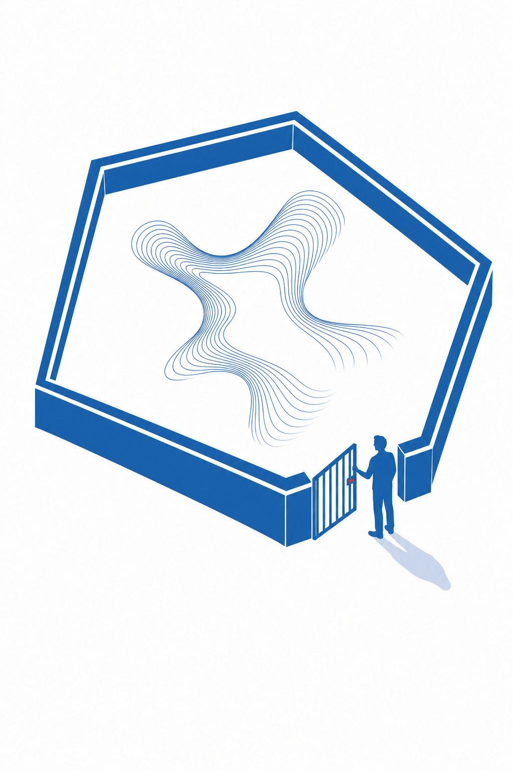 Illustration Djtal : une enceinte géométrique bleue fermée contient une forme abstraite en mouvement ; une silhouette humaine tient l'unique porte, dont le verrou porte un accent rouge.