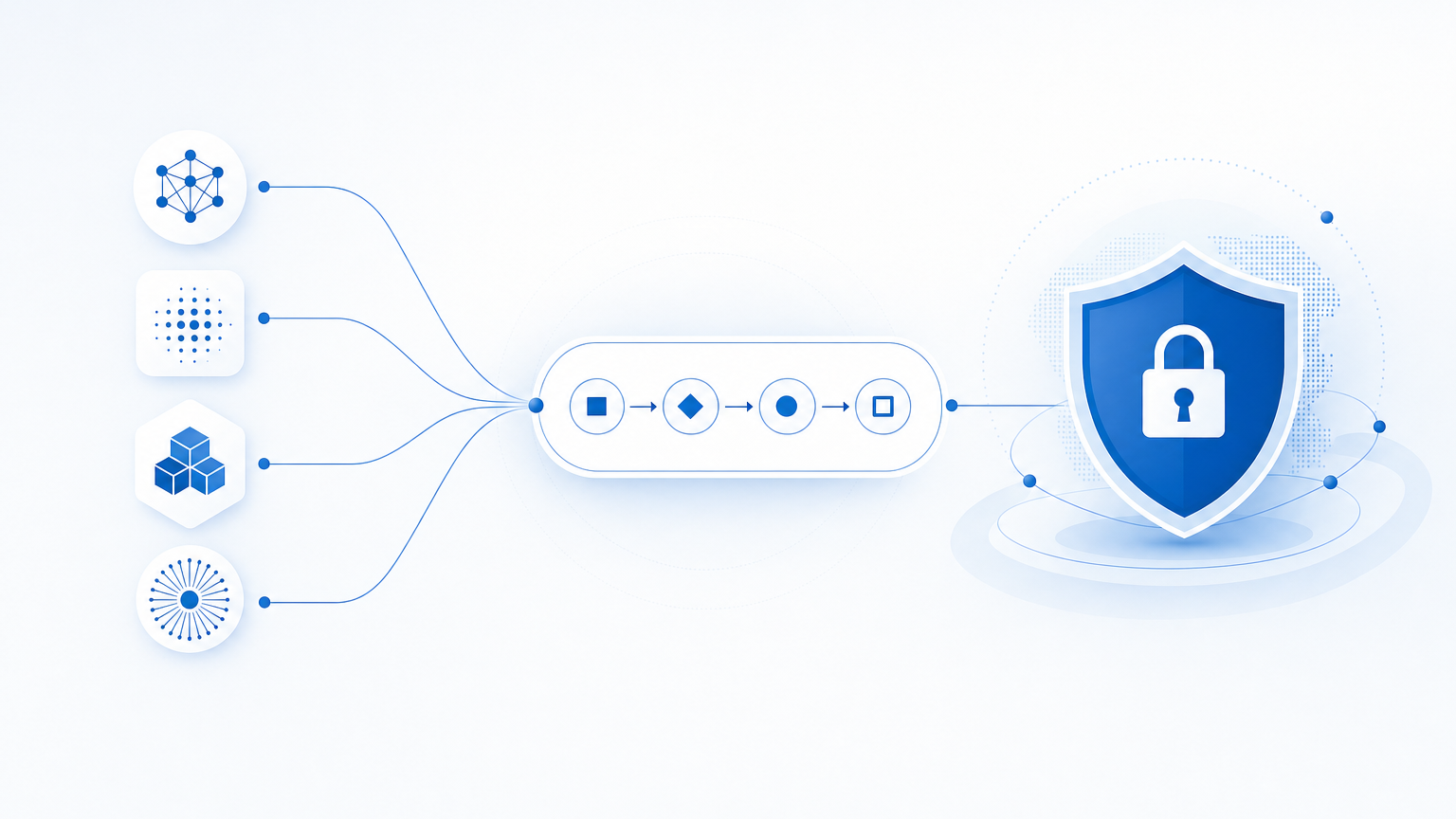Illustration Djtal en bleu #185FA5 : plusieurs modèles d'IA stylisés convergeant vers un processus métier d'entreprise, avec un bouclier évoquant la protection des données — symbolisant le choix d'une IA pour automatiser dans une PME suisse.