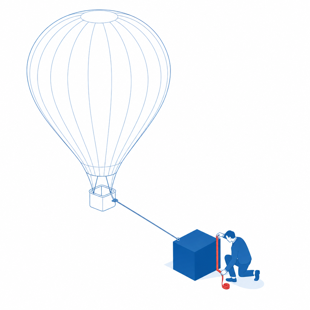 Illustration Djtal : un immense ballon dessiné en simple contour, retenu par une corde à un petit cube plein qu'un personnage mesure au mètre ruban rouge. La promesse gonflée face au gain réel, mesuré.